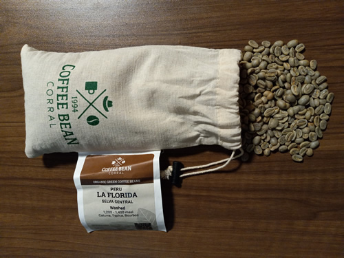 Image of a bag of green coffee beans.
